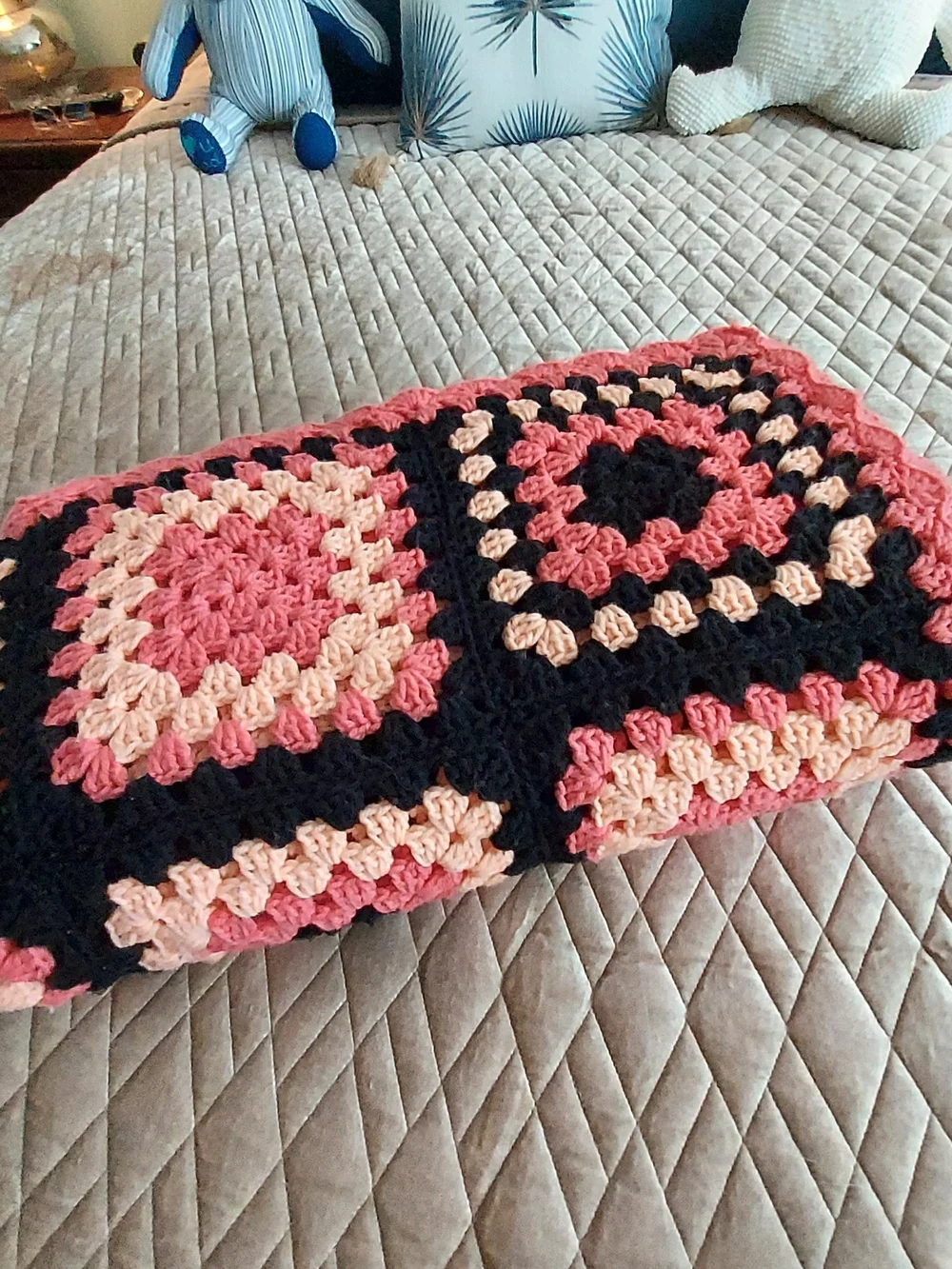 Handmade Melon, Black & Pink Crochet Granny Square Throw Blanket -Cozy 48